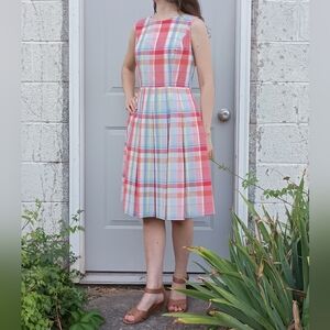 Multi color plaid preppy feminine sleeveless pleated midi dress fit and flare